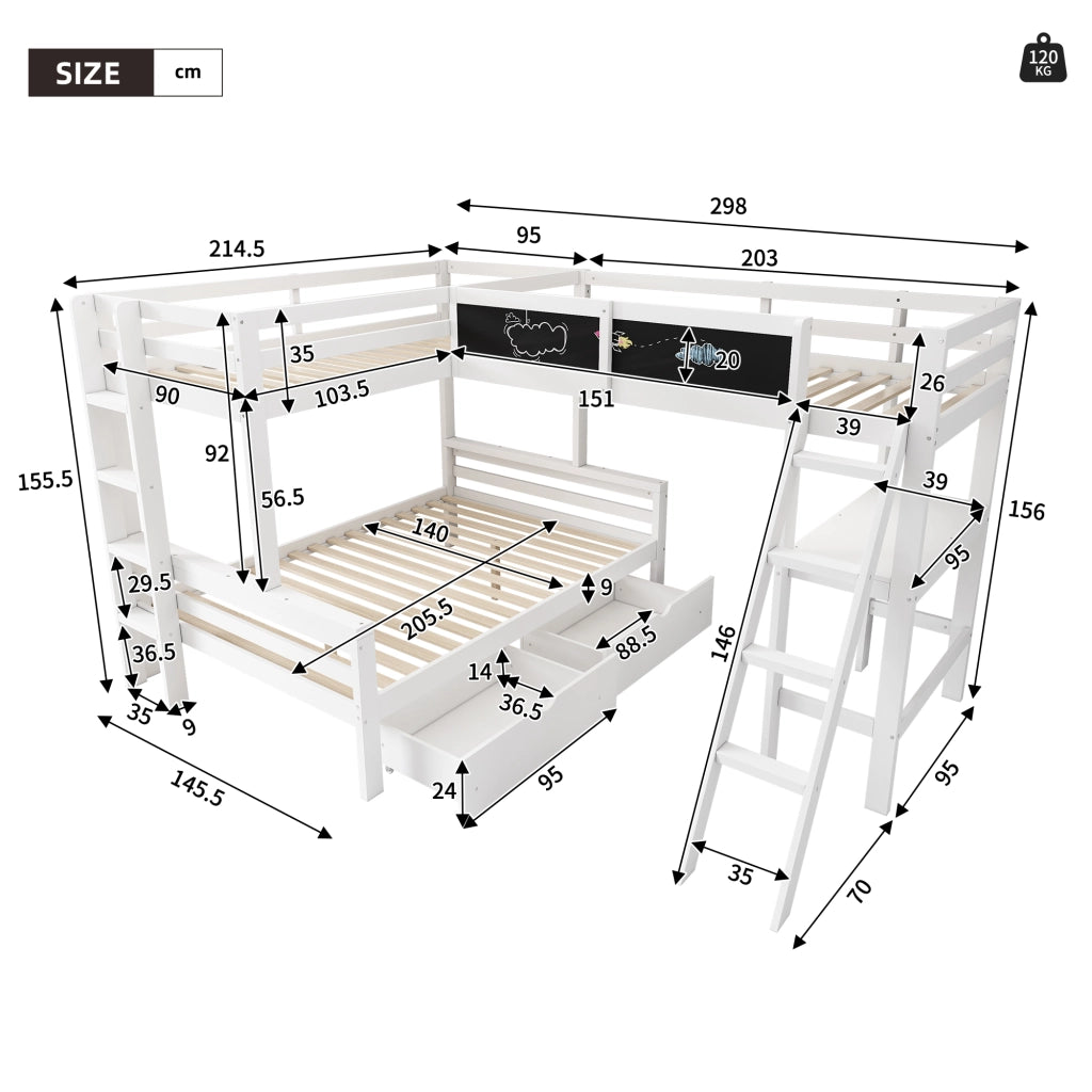 OKWISH Letto a Castello 140×200 cm e 90×200 cm, Letto 3 Posti con 2 Cassetti, Scrivania Integrata e Mensole, senza Materasso, Bianco