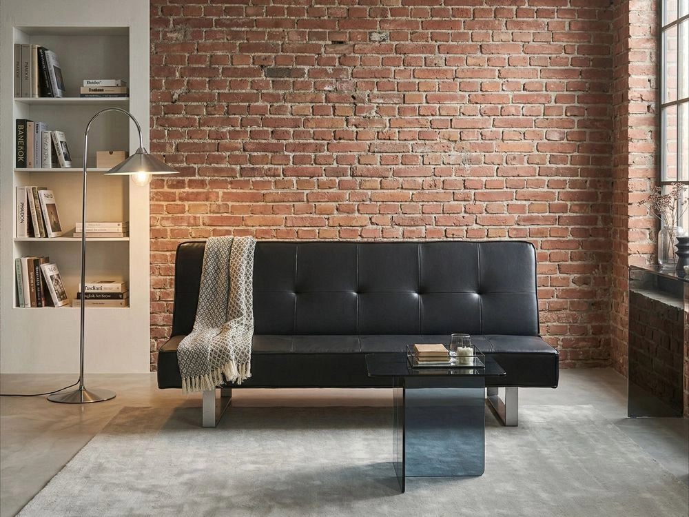 Divano letto in ecopelle nera moderno soggiorno trasformabile a 3 posti senza braccioli design minimalista