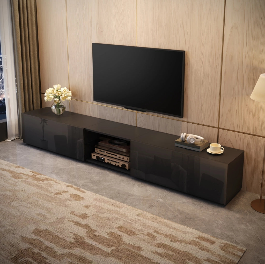 Mobile TV moderno 200x30x30 cm con LED app; ante lucide; MDF e truciolare; nero