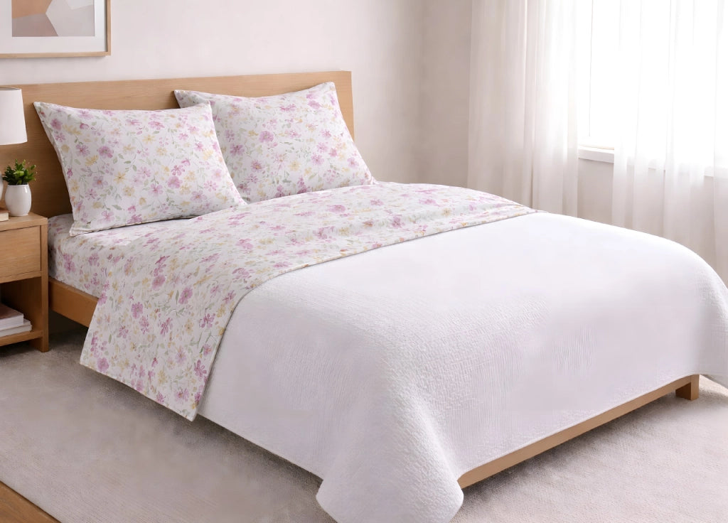 Completo Lenzuola Letto In 100% Cotone Made Italy Disegno Primavera - Piazza E Mezza - Rosa