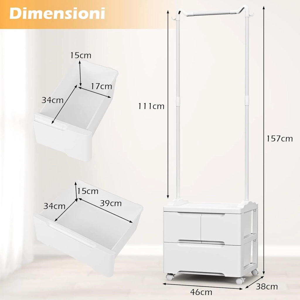 Appendiabiti con 3 Cassetti e Ruote Bloccabili, Stand Appendiabiti Girevole con Ganci Laterali e Barra per Appendere, per Camera da Letto Soggiorno Ingresso, 46x38x157 cm