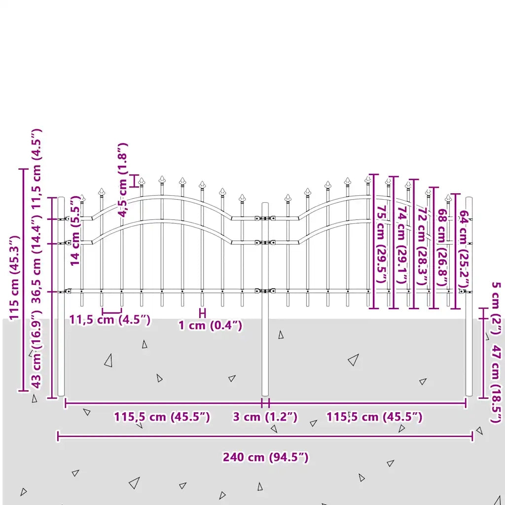 Recinzione da giardino Woerden con punta a lancia nera 240x75 cm in acciaio 151079