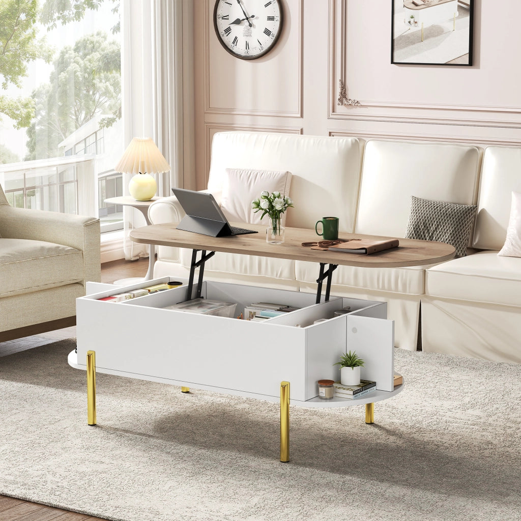 TAVOLO DA CAFFÈ 120 x 50 x 43 cm sollevabile MDF bianco effetto legno e oro