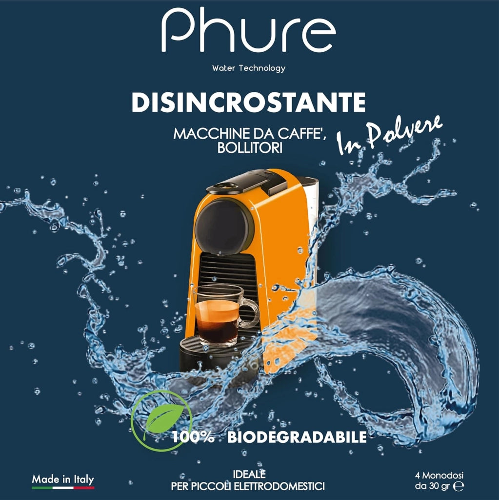 PHURE Decalcificante in Polvere Monodose per Macchina da Caffè, Bollitori, piccoli elettrodomestici, compatibile con tutte le macchine da caffè, 100% Biodegradabile, Ecologico Made in Italy