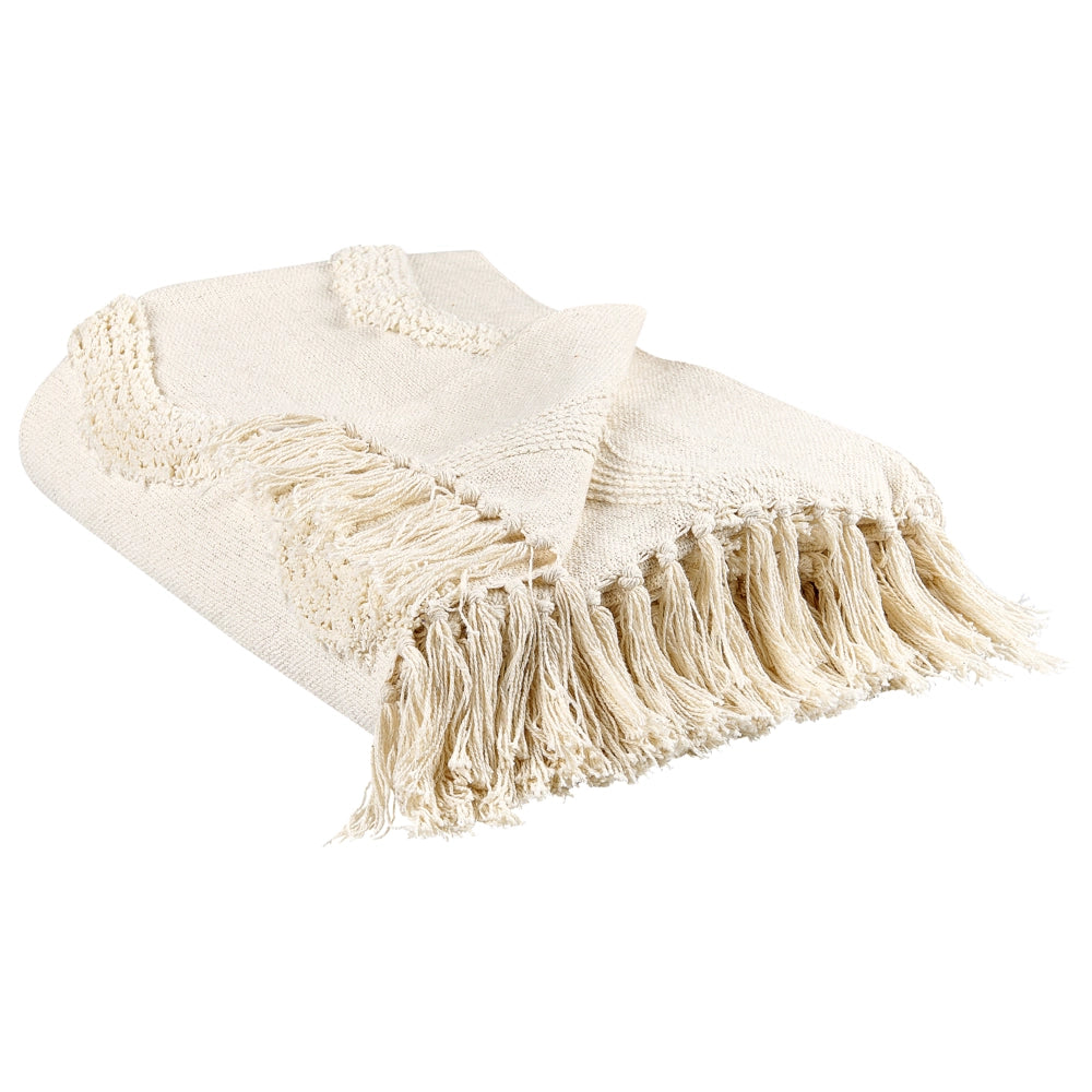 Coperta in cotone beige con frange e motivo geometrico 125 x 150 cm stile boho soggiorno camera da letto accessorio divano