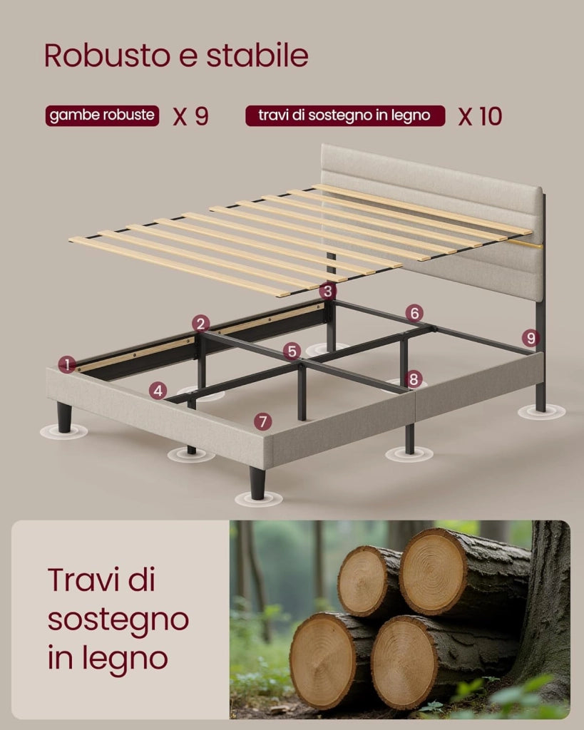 VASAGLE Struttura Letto Matrimoniale, Telaio Letto, per Materasso 140 x 200 cm, Testiera Imbottita Regolabile, Metallo e Legno, Moderno, Beige Cappuccino RMB504LH01