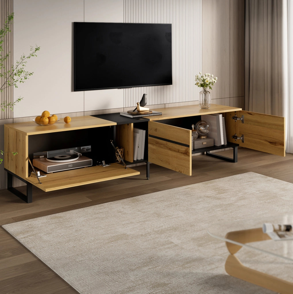 Mobile TV 180x38x45 cm con vano a ribalta; scomparti aperti e ante; in truciolato; naturale