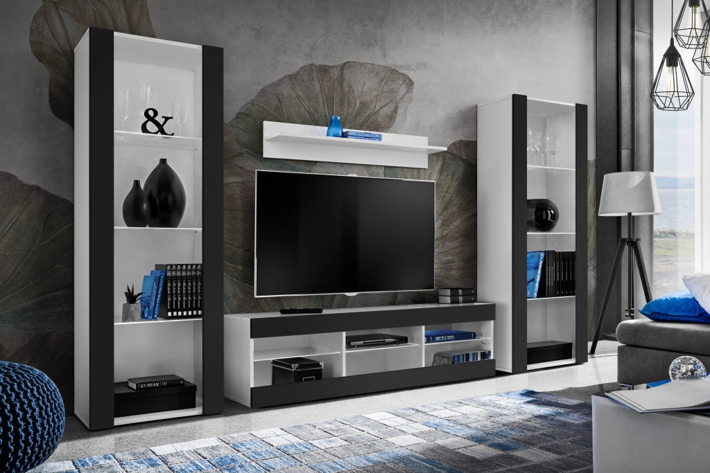 Set di mobili porta TV Tivoli Grande, Komodee, Bianco Nero, Senza LED, Larghezza 250 cm x Altezza 159 cm x Profondità 35 cm, Per soggiorno, Camera da letto