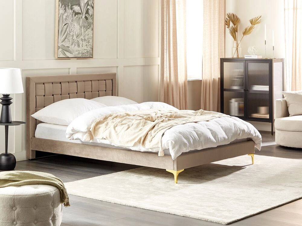 Letto Imbottito Matrimoniale 140 x 200 cm Testiera Taupè Velluto Gambe Dorate