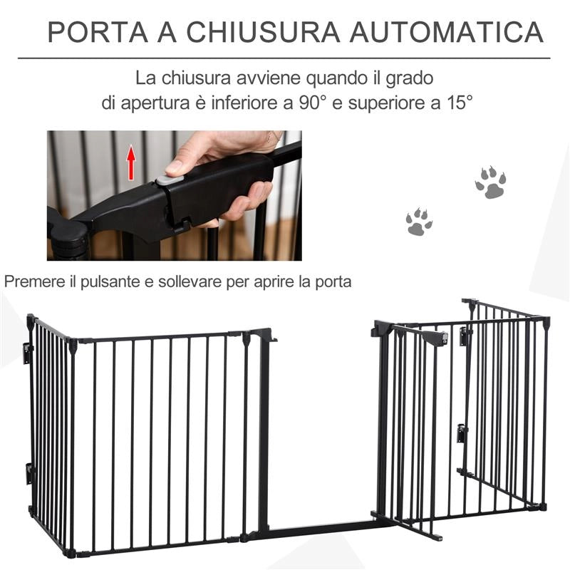 CANCELLINO PER CANI TAGLIA PICCOLA E MEDIA PIEGHEVOLE A 5 PANNELLI, IN METALLO E PLASTICA, 300X3X74.5 CM, NERO