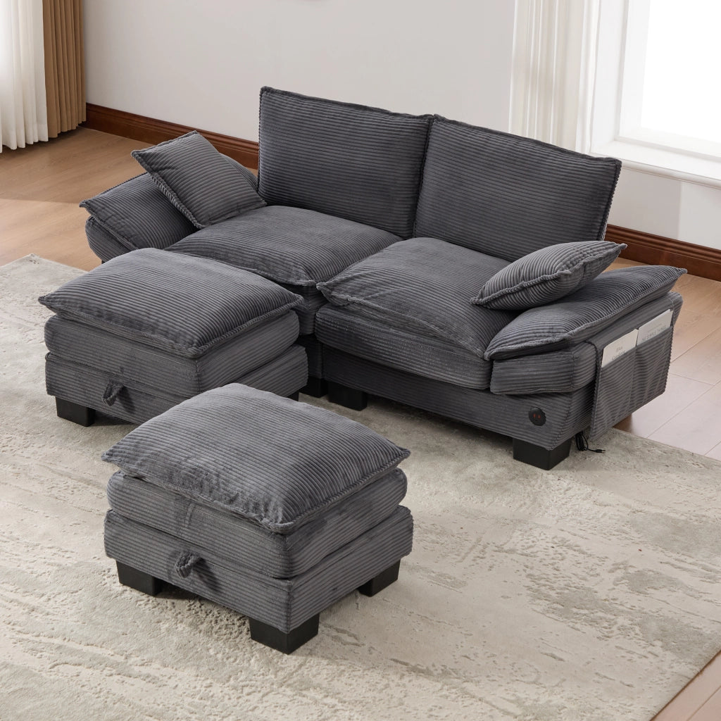 Divano modulare 2 posti in tessuto corduroy con ricarica USB-C tasche laterali e pouf ergonomico grigio scuro