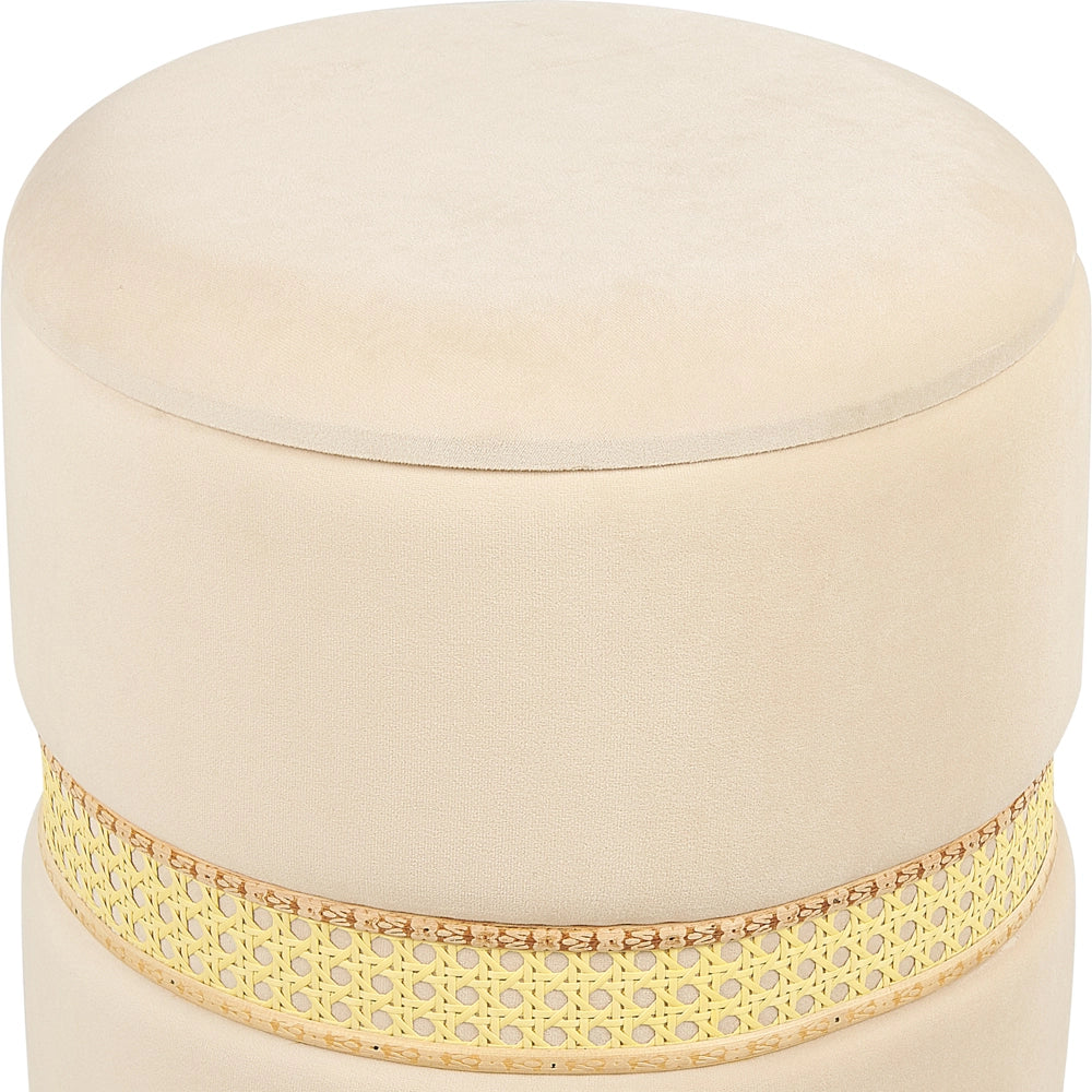 Set di 2 pouf in velluto beige chiaro e rattan camera da letto stile boho moderno contemporaneo