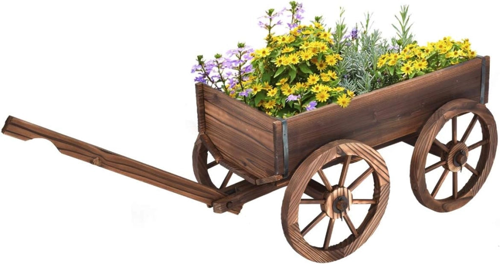 Carrello da giardino in legno di abete con 4 ruote grandi, manico regolabile, ideale per giardinaggio esterno, 120 x 43 x 54 cm, marrone