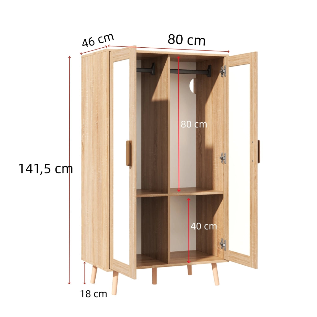 Armadio per bambini, a due ante con asta appendiabiti, 80 x 46 x 141,5 cm, bianco e color legno