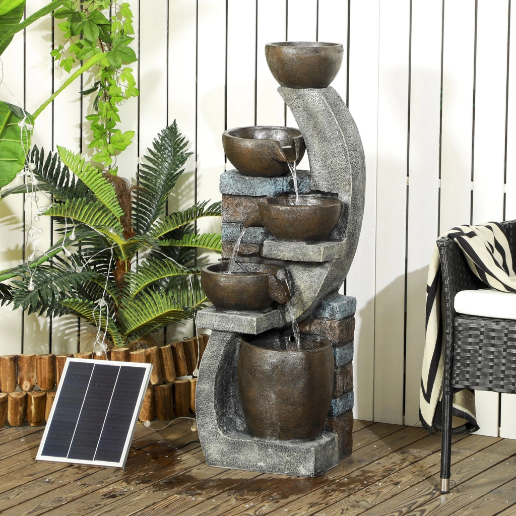 Fontana da Giardino 5 Livelli con Luce LED e Pannello Solare ¨C Zephmum ¨C Resina Grigio e Marrone