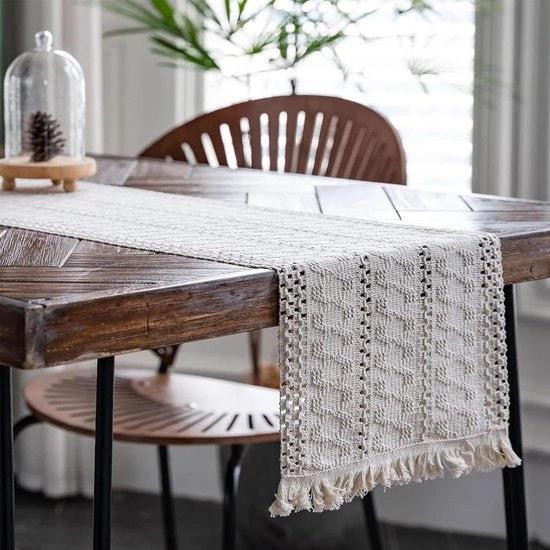 Tappeto da tavola con trecce - Tappeto da tavola boho rettangolare intrecciato con mesh di seta per decorazione di tavola di matrimonio - Beige 30 x 120 cm