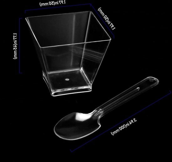 Mini vasi per dessert 60 ml 100 pezzi - Plastica trasparente - 100 cucchiai - Cheesecake - Mousse - Quadrato - Matrimonio - Compleanno