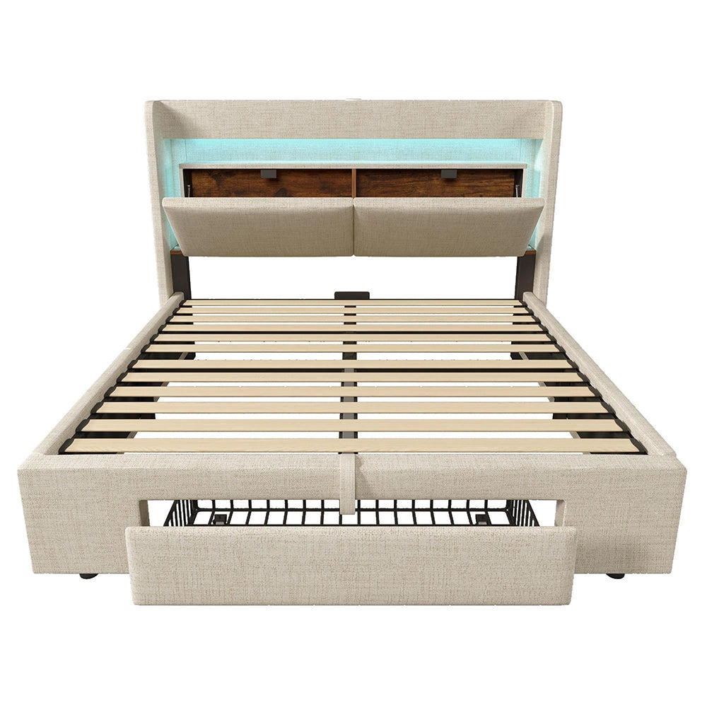 Letto imbottito 140x200 cm - Xylo - Beige lino, testiera con LED/USB, idraulico