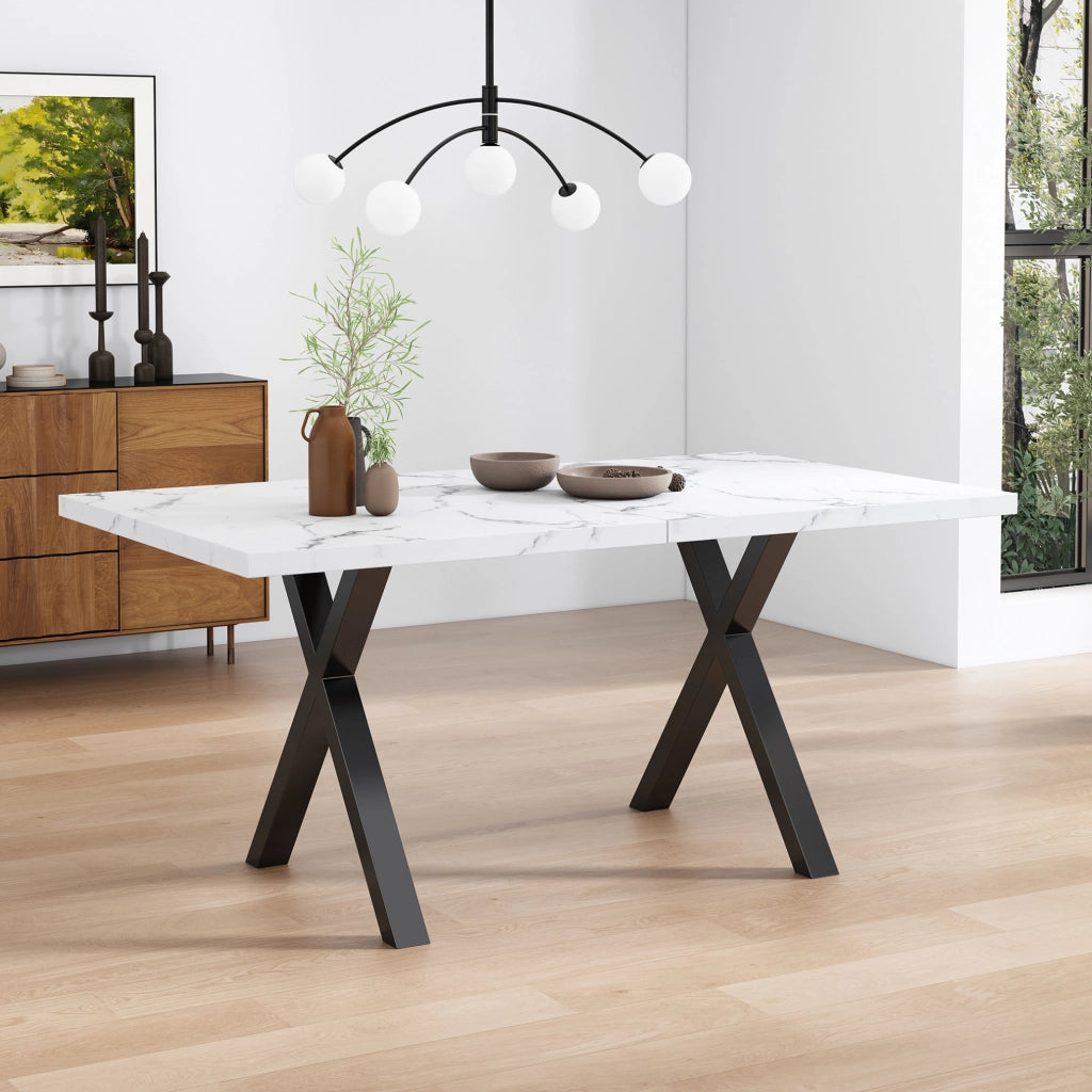 Tavolo multifunzione con gambe incrociate in MDF effetto marmo bianco