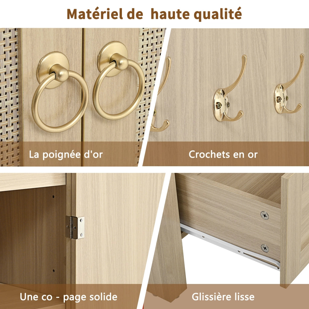 Credenza con 2 Cassetti; Ante in Rattan e Ganci Laterali; Stile Vintage; in MDF; Rovere; 80??40??180 cm