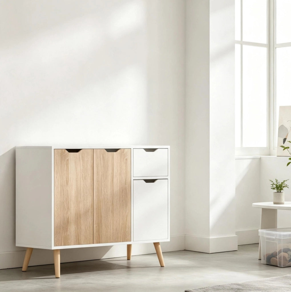 Credenza con 3 ante e cassetto estraibile; 90 x 30 x 72 cm; bianco e rovere chiaro