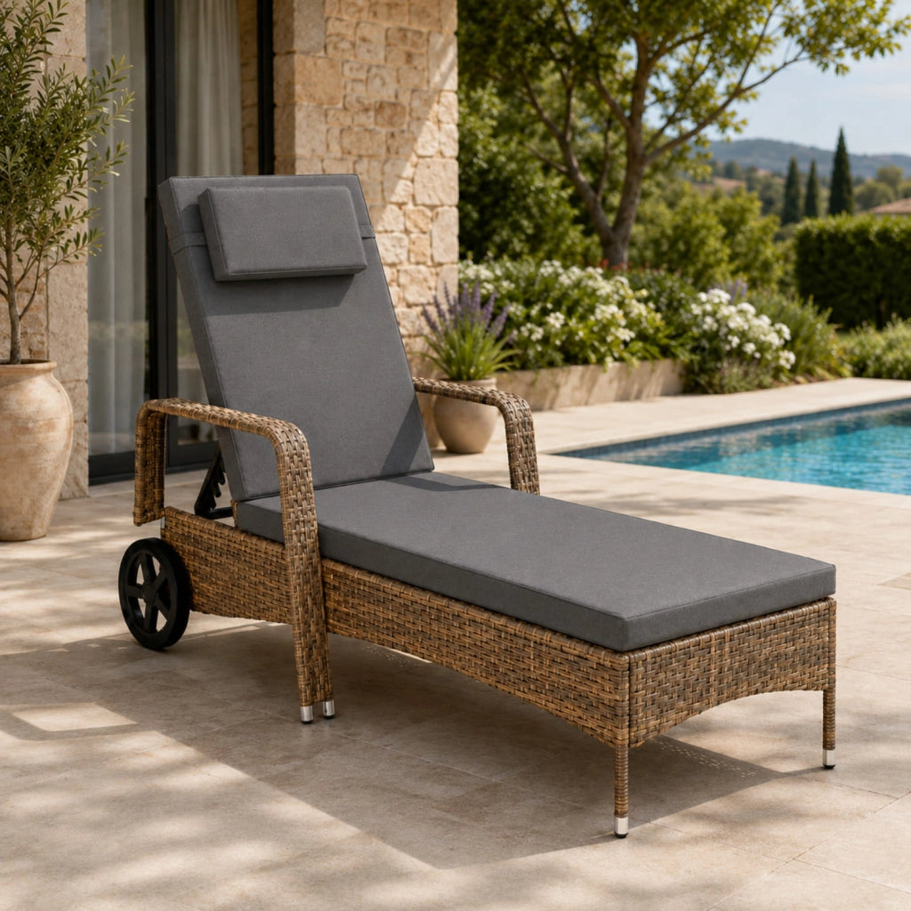 Lettino Prendisole Da Esterno Con Struttura Resistente Schienale Multiposizione Poggiatesta Comfort E Ruote Per Piscina E Terrazzo 196 x 72 x 94.5 Cm Marrone Chiaro
