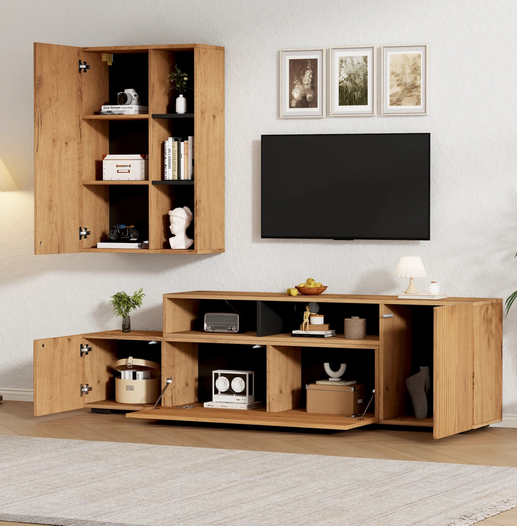 Mobile porta TV con pensile 4 ante e 2 vani aperti lunghezza regolabile finitura rovere e nero per soggiorno