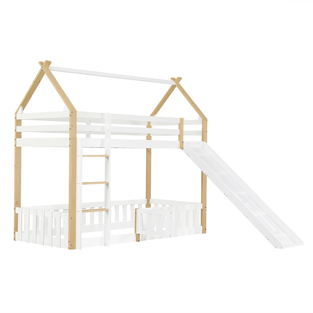 Letto a castello-Xylo-90x200cm, tetto, scivolo, scala, bianco+naturale