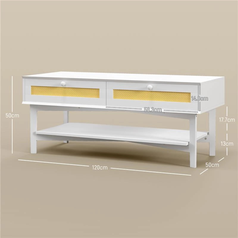 TAVOLINO DA CAFFÈ BOHO CON 2 CASSETTI E RIPIANO, IN RATTAN E TRUCIOLATO, 120X50X50 CM, BIANCO E COLOR LEGNO