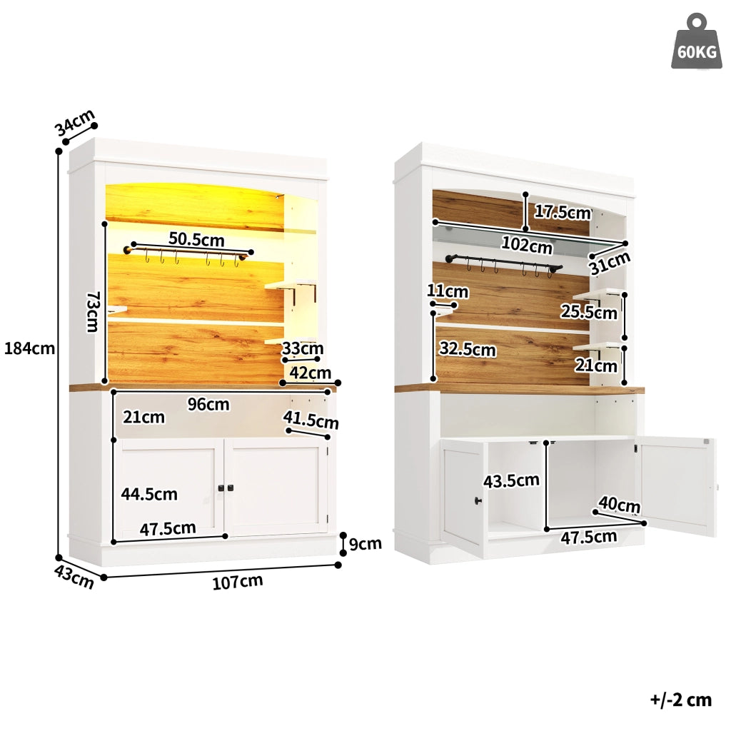 Set di 2 credenze alte con LED RGB, ripiano in vetro e 6 ganci, per cucina e sala da pranzo, bianco, 107 × 34 × 184 cm