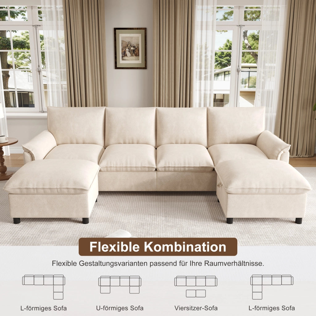 Divano modulare a U con 2 pouf contenitore e seduta profonda in ciniglia beige schienale alto 264,5 × 142,5 × 84 cm