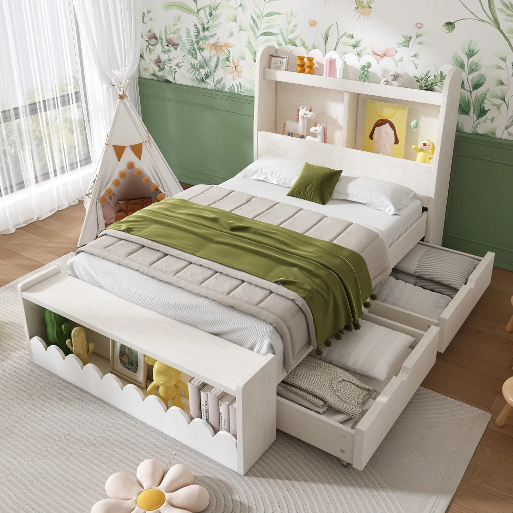 OKWISH Letto Bambino 90×200 cm, Letto Singolo con 2 Cassetti, Mensole e Panca Contenitore, senza Materasso, Legno e MDF, Bianco e Rovere