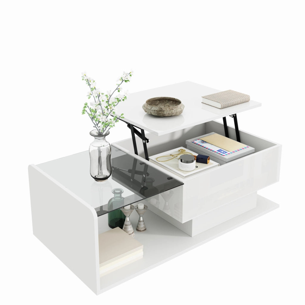 OKWISH Tavolino da Salotto Alzabile con Piano in Vetro Temperato, Vano Aperto e Chiuso, LED, per Soggiorno, 100 x 50 x 47.5 cm