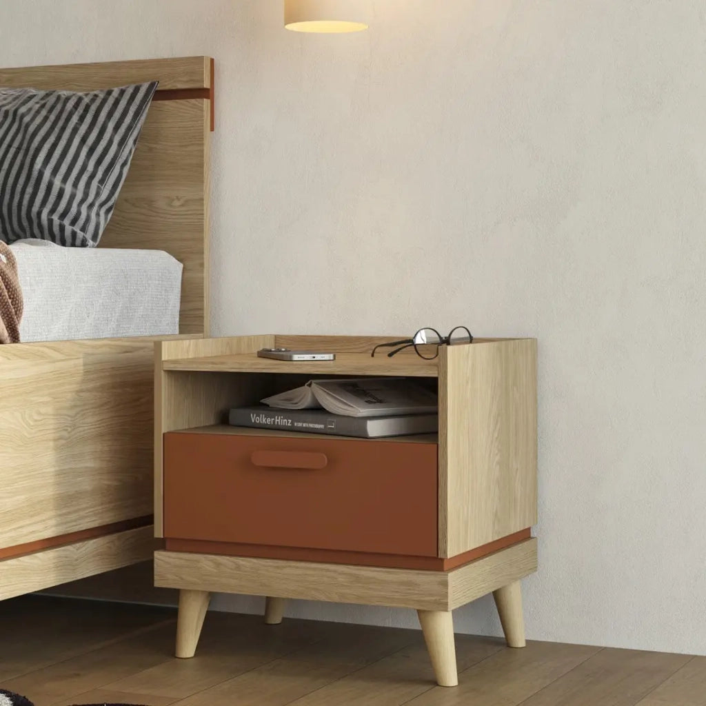 Tavolino da notte NOKI – Rovere chiaro e moka – 1 cassetto stile scandinavo