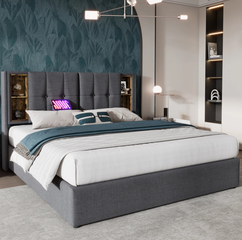 Letto matrimoniale 206x185x100.5 cm con ricarica wireless; USB e Type C in cotone grigio