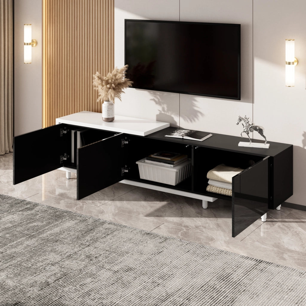 Mobile TV allungabile con 3 ante e vani aperti - per soggiorno - in truciolare e MDF - 258×38×48.5 cm - nero e bianco