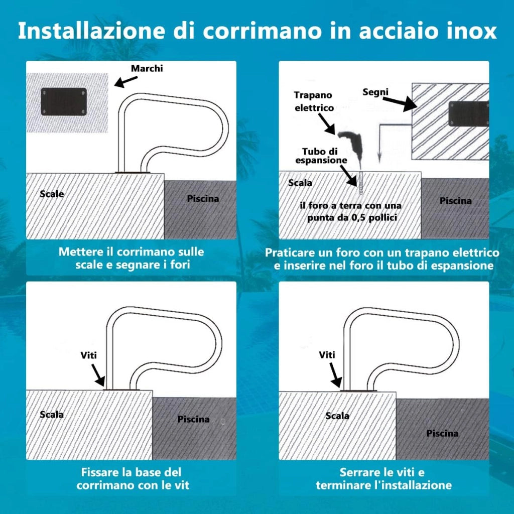 Corrimano per Piscina in Acciaio Inox, Corrimano Curvo, con Piastra di Base, Ideale per Spa, Stadio e Parco Acquatico, Argento
