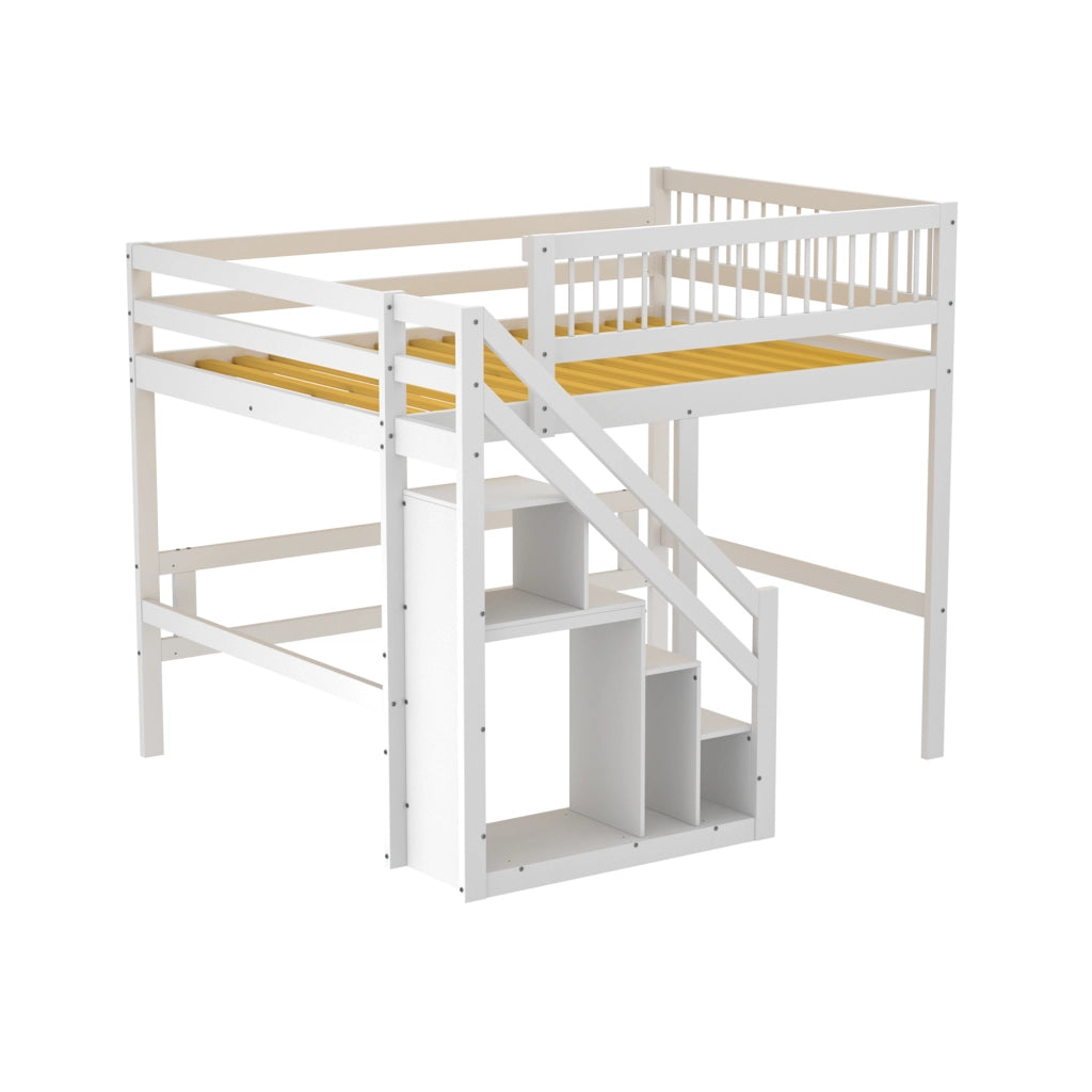 Letto a Soppalco 140×200 cm; Letto Matrimoniale con Scala e Sponda Alta; senza Materasso; Bianco