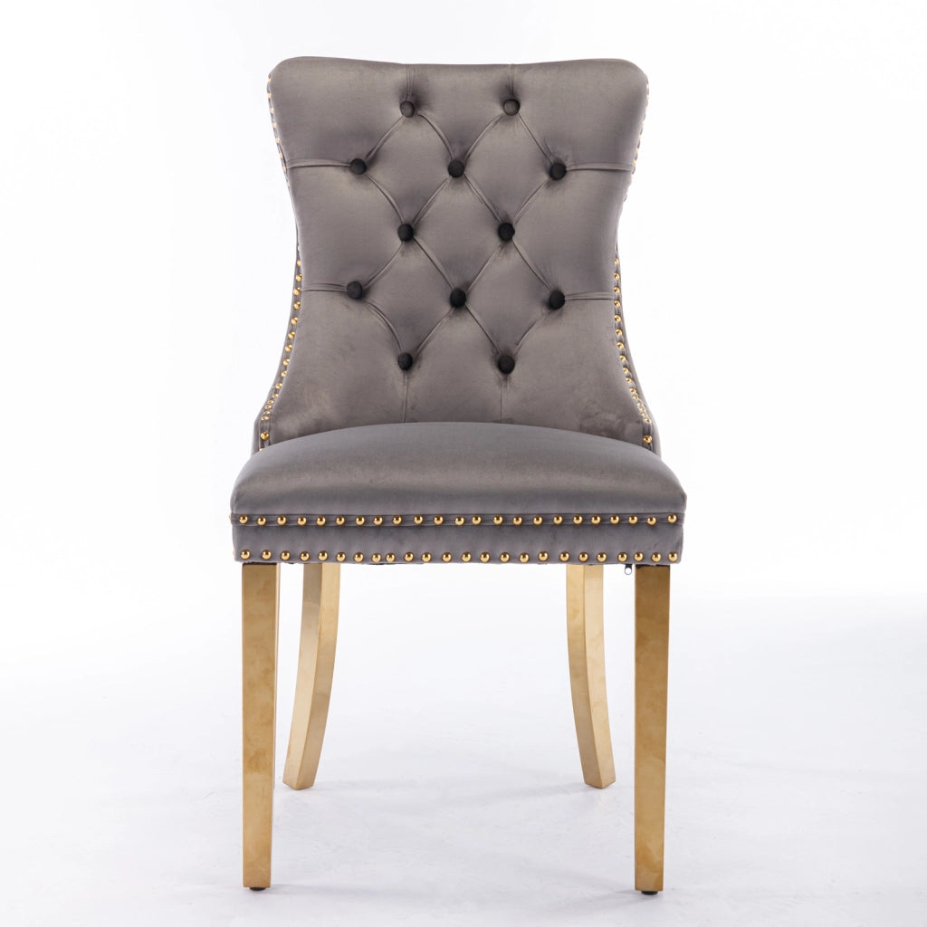 Sedie da Pranzo Imbottite in Velluto ¨C MINIMAL ¨C Set 2 Pezzi, Legno Massello, Gambe Oro, Grigio
