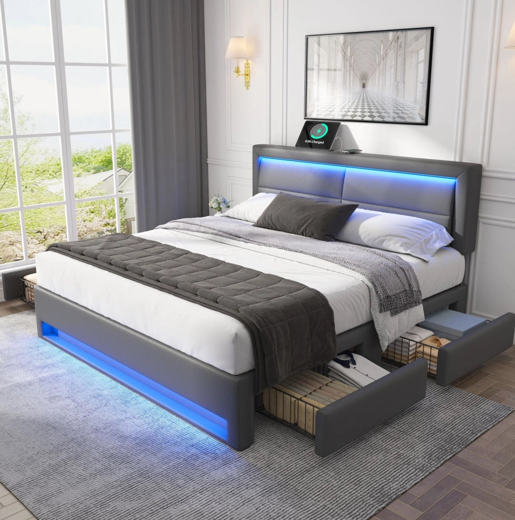 Letto imbottito matrimoniale 140x190 cm con USB; LED e 4 cassetti; grigio; in PU