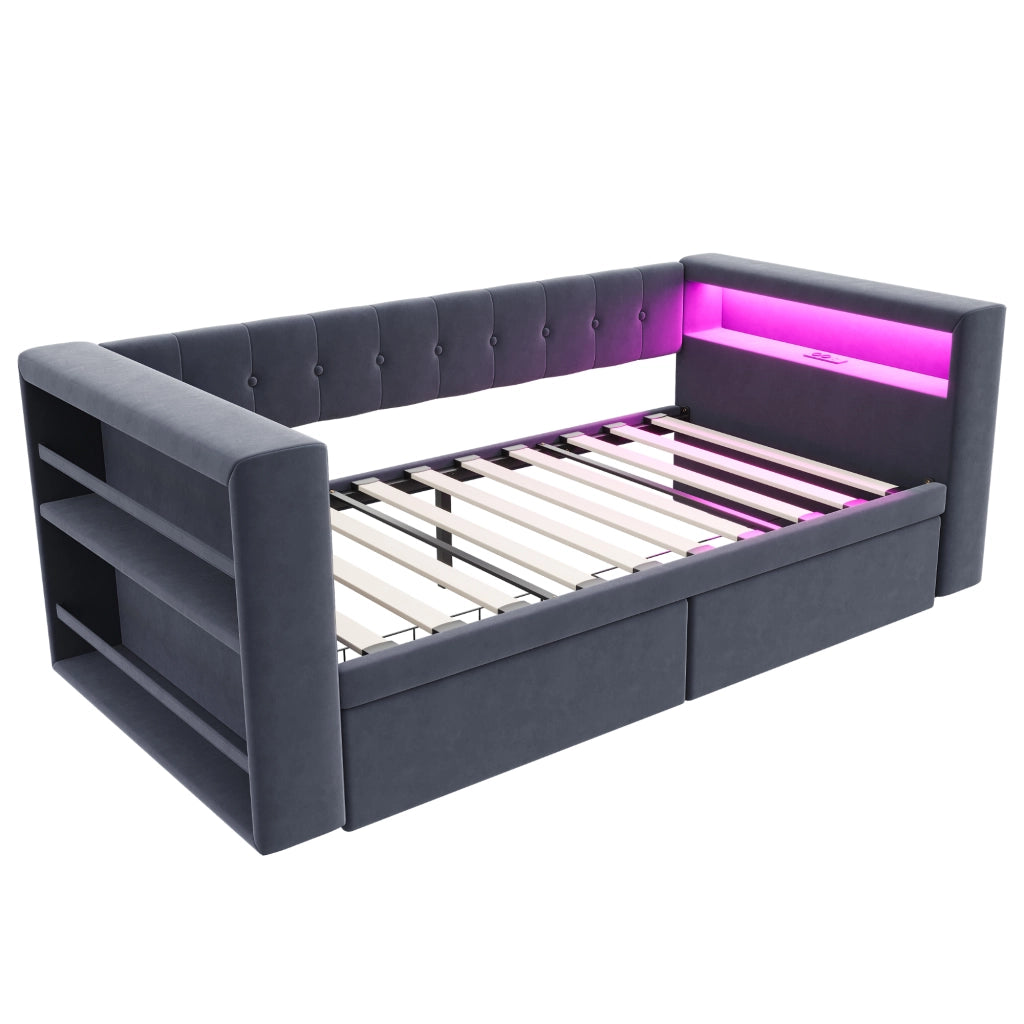 Letto singolo imbottito 90×190 cm con LED; prese e 2 cassetti; senza materasso; grigio scuro