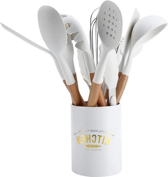 Set di Cucina con Manici in Legno Naturale - 11 Pezzi di Spatole e Cucchiai in Silicone per Cucina - Bianco