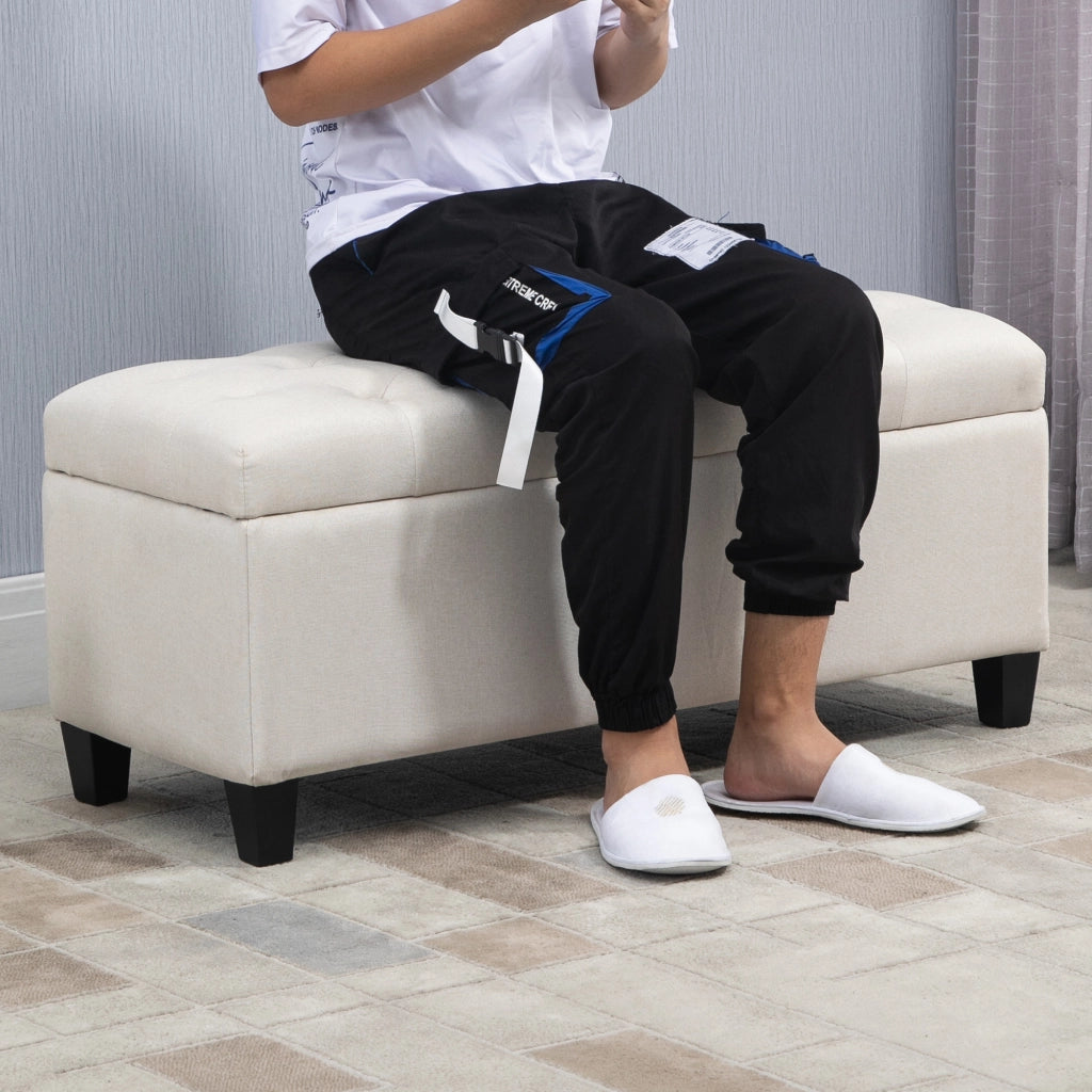 Panca con contenitore per ingresso ¨C Xylo ¨C lino beige crema con gambe in legno 100x40x44 cm