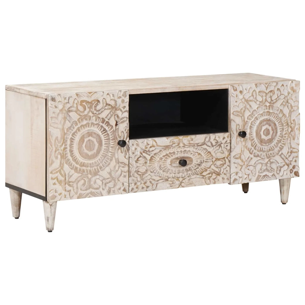Mobile TV Bianco 105 x 33,5 x 46 cm Legno di mango massello 4018382