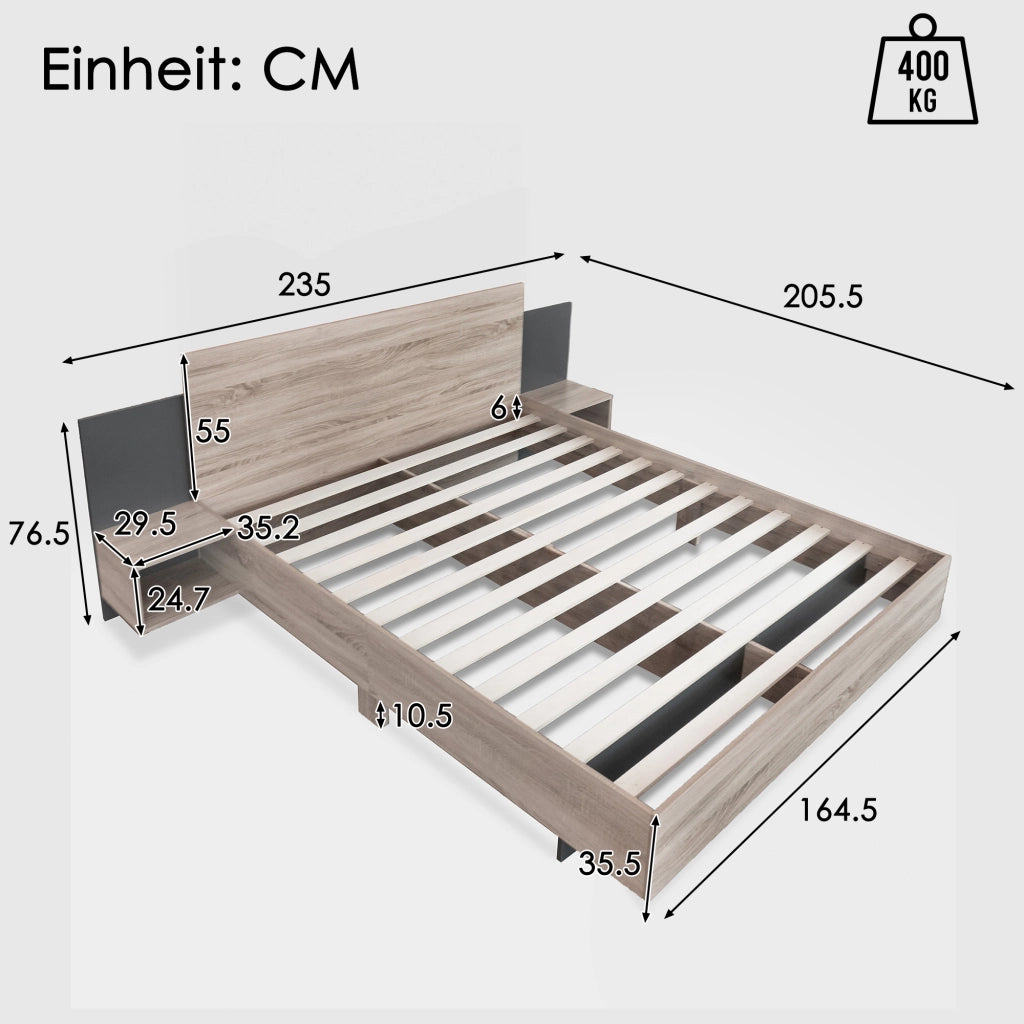 Letto matrimoniale in legno 160x200 cm con 2 comodini, design moderno in rovere Sonoma e grigio scuro