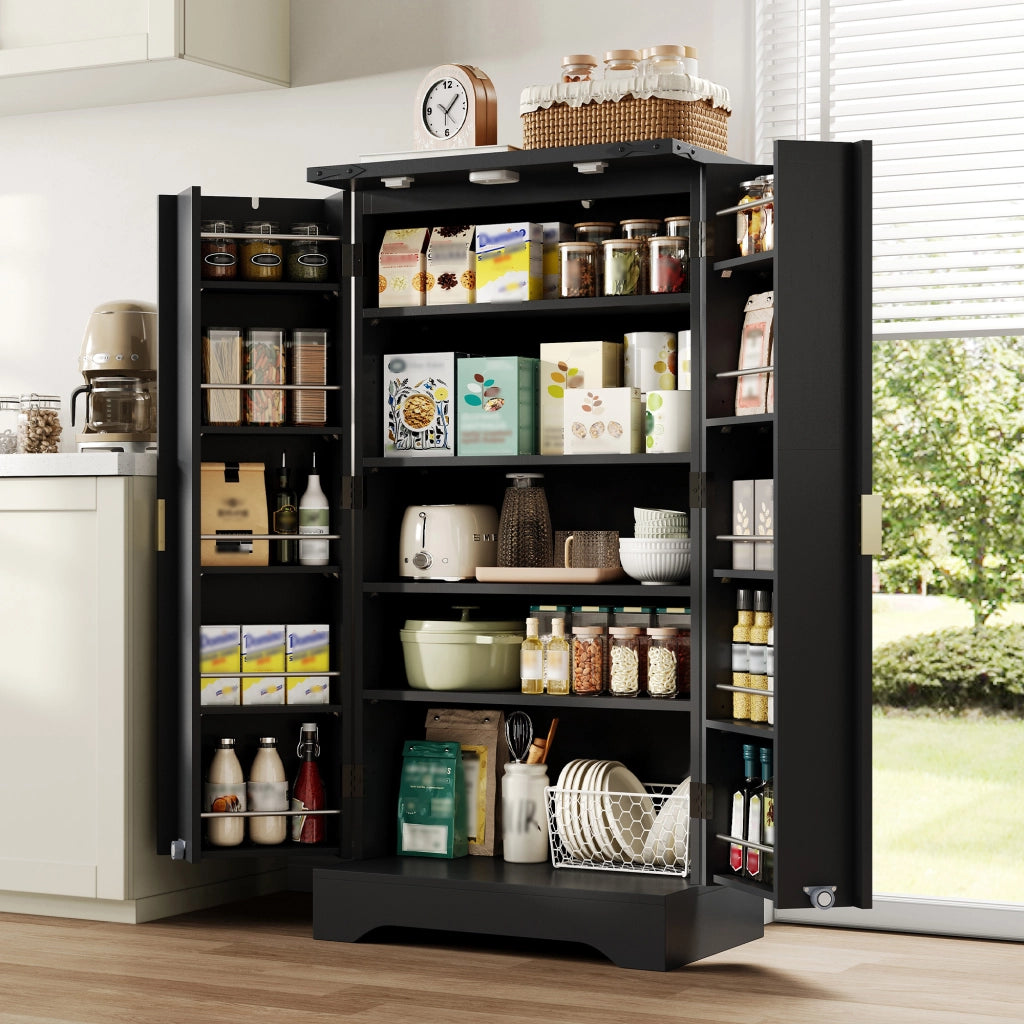 Dispensa alta con LED e ripiani regolabili con 2 ante e vani per cucina e soggiorno in MDF nero 120 × 60,5 × 40 cm