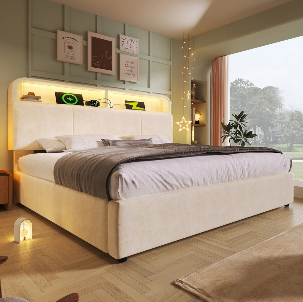 Letto imbottito contenitore 180x200 cm beige con LED e USB-C