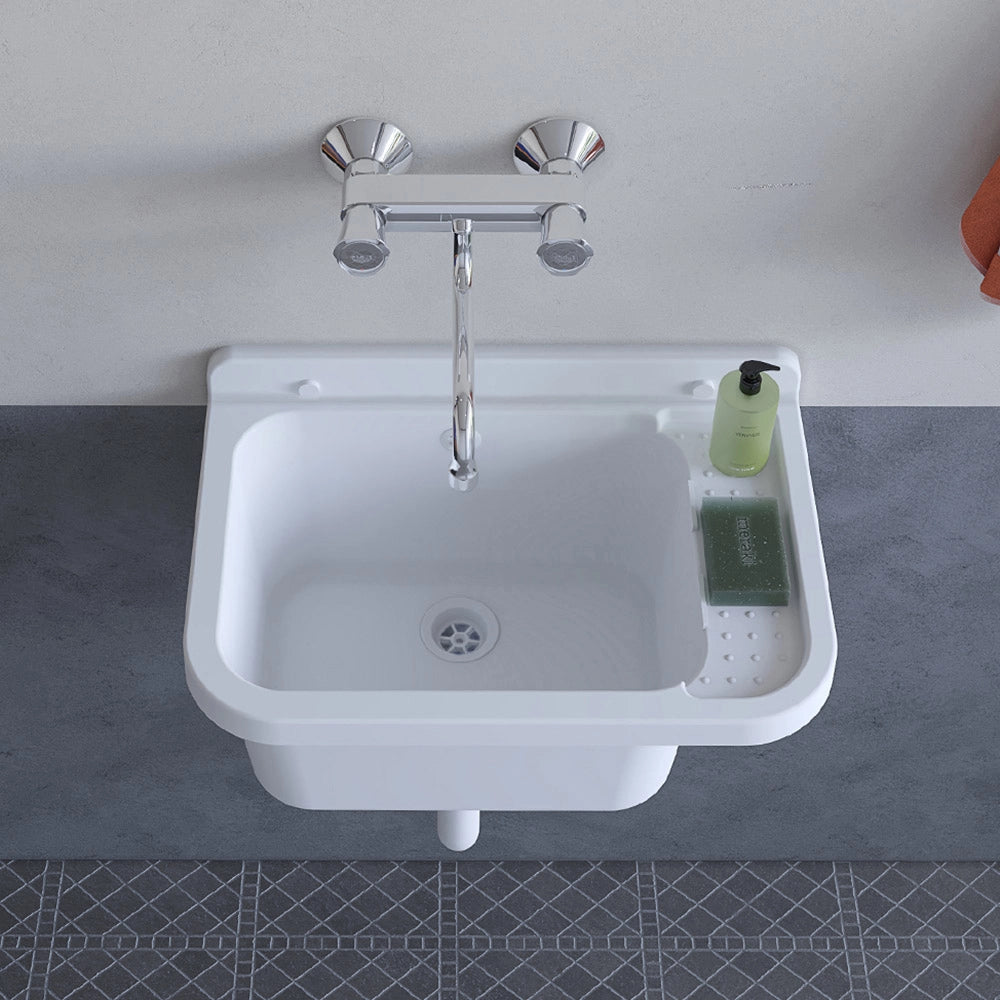 Lavatoio in resina 50x34 bianco con miscelatore a canna alta inox e scarico incluso