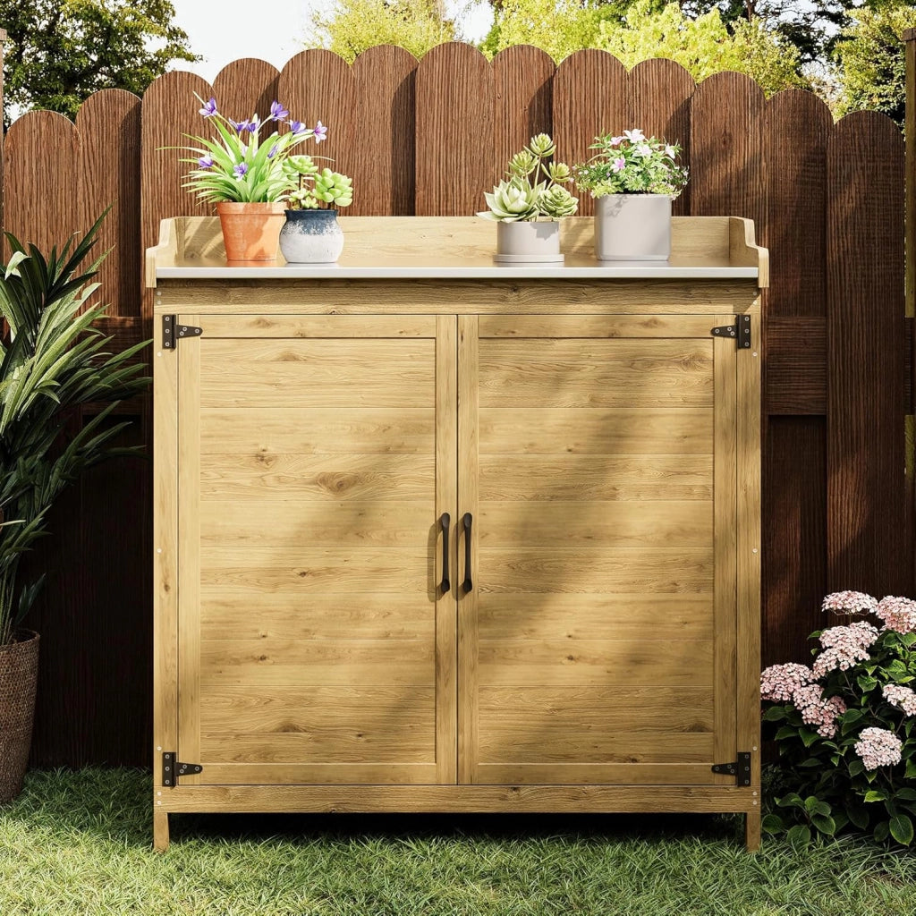 Tavolo da Esterno per Piante, Tavolo da Giardino con Piano di Lavoro Impermeabile, Tavolo da Lavoro in Legno con 1 Ripiano Regolabile, 48x98x95 cm. (Naturale)
