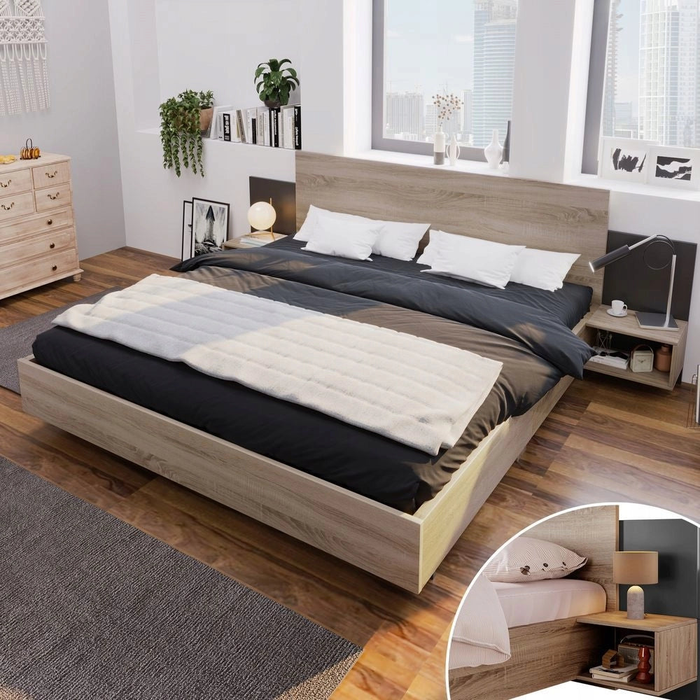 Letto matrimoniale 160x200 - Xylo - Comodini integrati colore grigio scuro